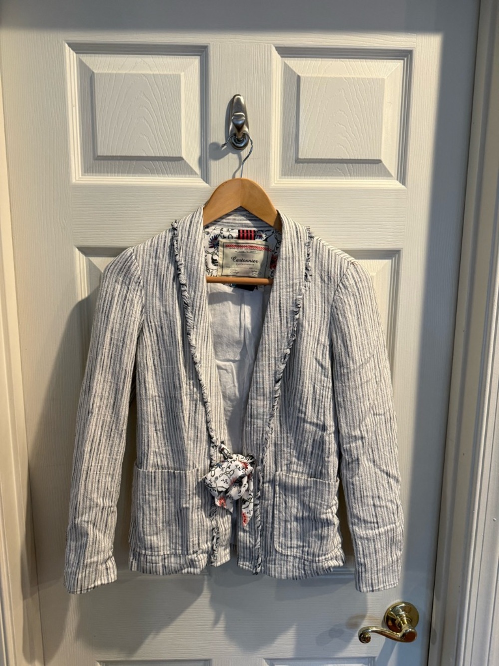 Anthropologie Cartonnier Striped Tie-Front Blazer in Light Gray and White